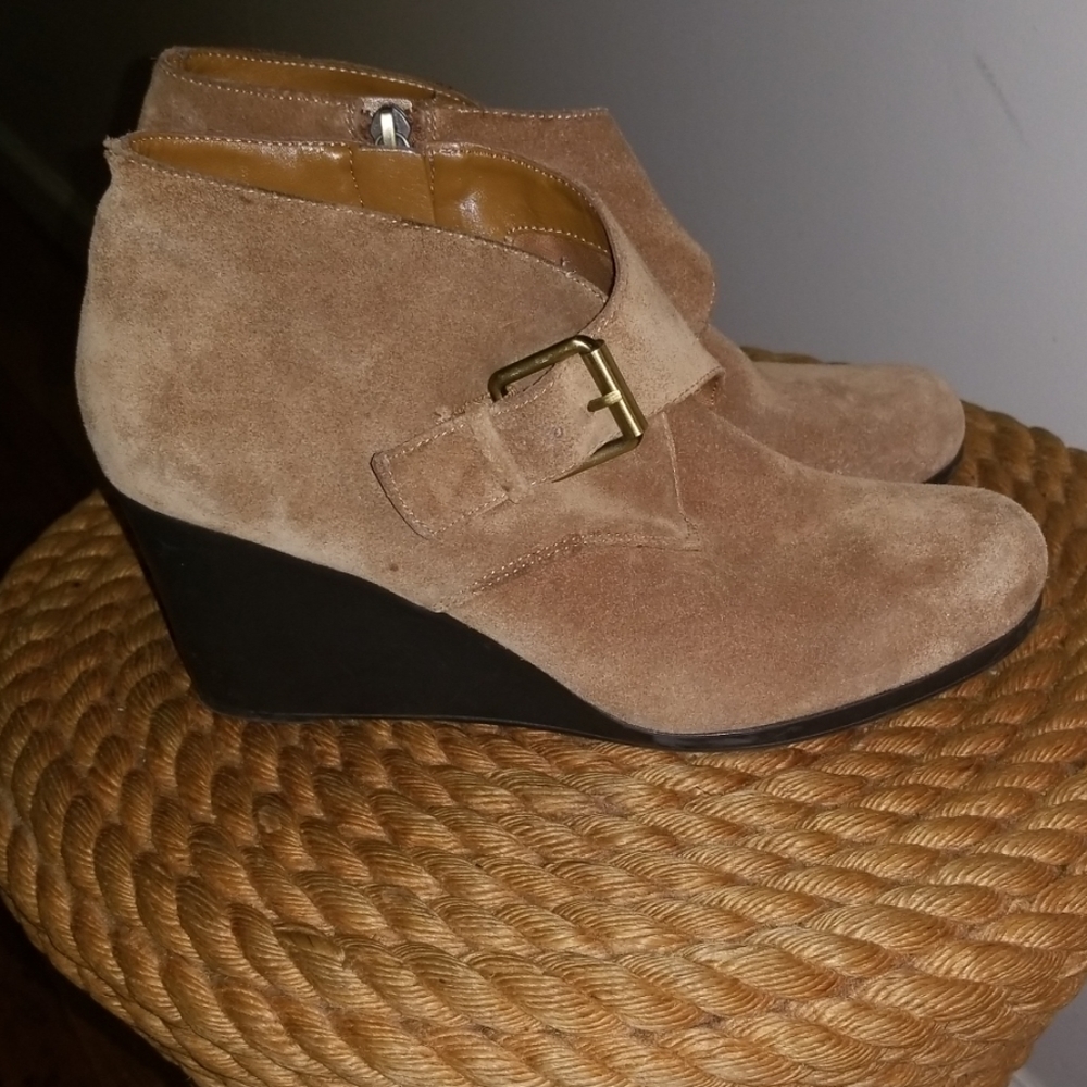 Issac Mizrahi Tan Suede Wedged Bootie
